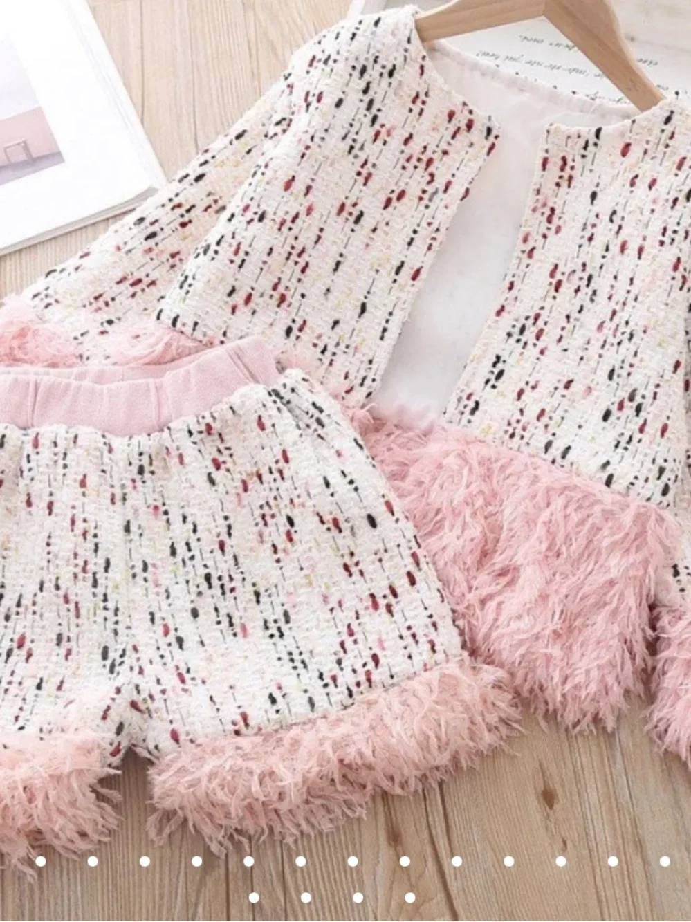 Ivory and pink Tweed Two-Piece Set with Blush Pink Feather Trim